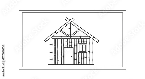 Simple Bamboo Hut House with Gable Roof and Window, Rustic Eco Dwelling