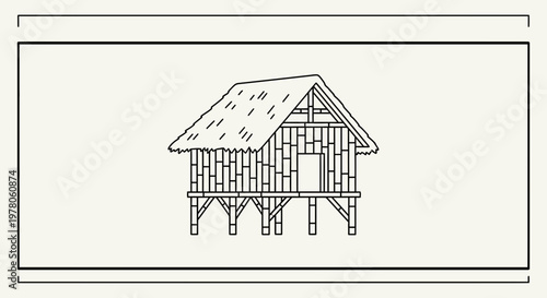 Simple Bamboo Hut on Stilts, Traditional Rural Dwelling, Hand-drawn Line Art Illustration