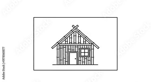 Simple Bamboo Hut Outline Drawing, Rustic Shelter, Eco-Friendly Dwelling