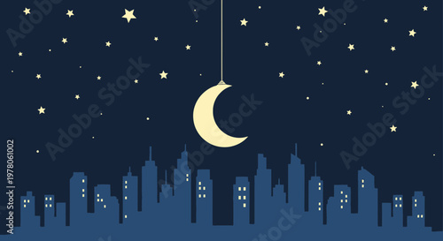 Crescent Moon Hanging in Dark Sky.