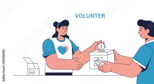 Volunteer donating to charity box.