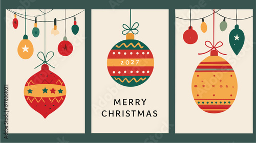 Three Christmas ornaments hanging on strings for festive decoration.