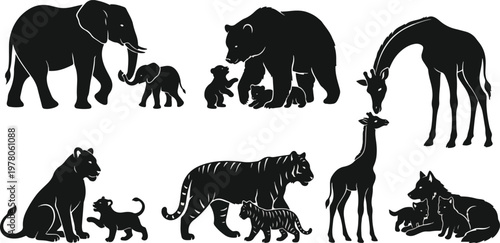  Vector silhouette set of wild animal families featuring mother and baby elephant, bear, giraffe, lion, tiger, and wolf isolated on a white background. 