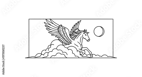 Pegasus Mythical Horse Flying Above Clouds with Moon in Sky Line Art