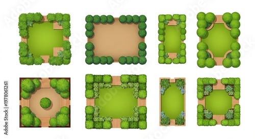 Top view garden landscape design hedge layouts wooden pathways shrubs outdoor illustration photo