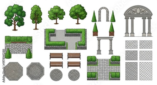 Top view garden landscape design trees hedges benches pathways architectural elements outdoor illustration photo