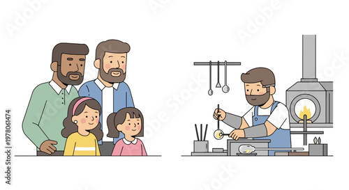 Family and man working in kitchen.