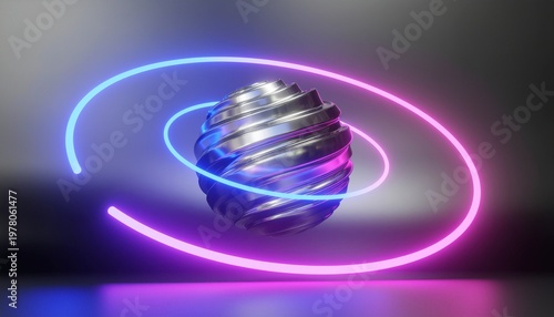 Glossy liquid metal sphere with vibrant neon orbiting rings in dark space