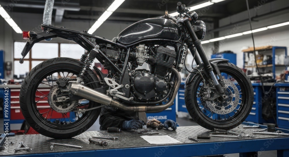 Obraz premium Classic motorcycle being worked on in a workshop, detailed shot
