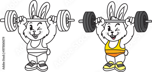 Cute Rabbit Weightlifting Mascot Character Illustration