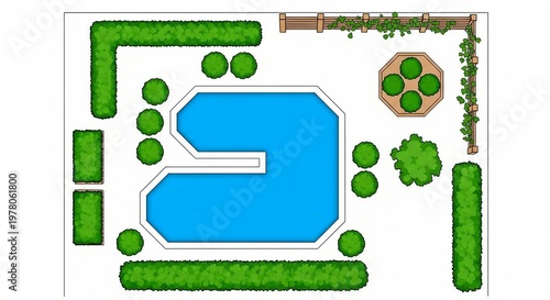Top view garden landscape design swimming pool shrubs bushes fence planter outdoor illustration photo