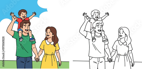 Happy family walking in the park with father carrying son on shoulders coloring book page for kids with colored version and line art illustration