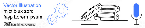 Finance, technology, innovation, voice recognition, automation, digital services. Stack of coins with gears and microphone. Finance and technology concept