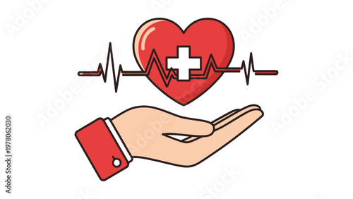 Caring human hand gently cradling a vibrant red heart with a prominent white medical cross and a continuous electrocardiogram line, symbolizing health, medical care, and life support.