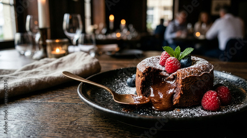 Decadent Molten Chocolate Lava Cake with Gooey Center and Raspberries in a Dark, Moody Restaurant setting