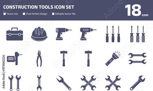 Construction tools silhouette icon set featuring hammer, wrench, screwdriver, drill, helmet, maintenance vector collection isolated on white background
