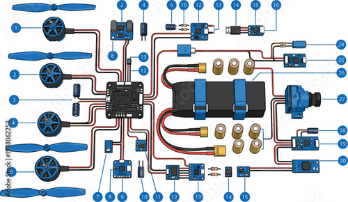Drone wiring diagram with electronic components motors propellers and control system connections detailed technical illustration for engineering use