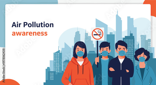 Group of citizens wearing protective face masks to raise awareness about air pollution and environmental health in the city.