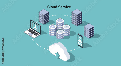 Isometric conceptual diagram of cloud computing services including data servers, wireless connection, and mobile device syncing.
