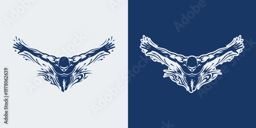 Swimming athlete silhouette featuring powerful freestyle stroke, dynamic motion splash design, sport vector illustration isolated on white background