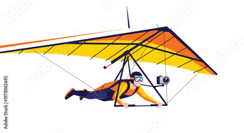 Adventurous man hang gliding in the sky with an action camera mounted on the frame to capture the flight experience.