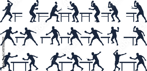 Table tennis silhouette collection featuring ping pong players in action poses, sport vector set isolated on white background