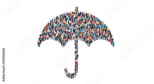 Large crowd of diverse people standing together to form the shape of an umbrella symbolizing protection, safety, and insurance.