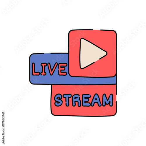 Live Stream Badge Flat design style, label with play icon and live text, symbolizing real time streaming, ideal for broadcast and social media graphics 