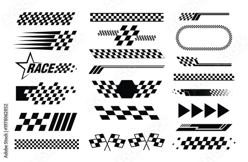Racing elements set with checkered flag patterns, speed stripes, track shapes and motorsport graphic details, dynamic design collection for automotive decals, race branding, esports overlays