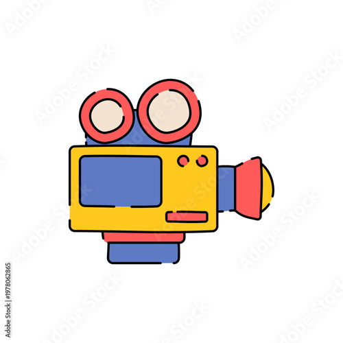 Video Camera Flat design style, classic camcorder device for recording footage, symbolizing video production, ideal for filmmaking and content creation designs 