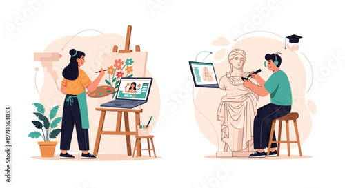 Creative artists utilize digital tools to paint floral canvases and sculpt classic statues in a modern studio.
