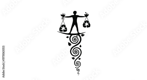 Person balancing eco-friendly recycling symbols on scales, representing environmental balance.