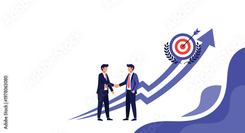 Successful businessmen shake hands to celebrate an agreement represented by a rising arrow and target symbols.