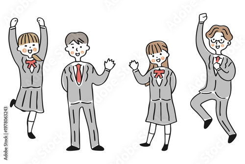 手を挙げて挨拶する男女とジャンプをして喜ぶ男女　セット①