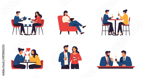 Collection of flat design illustrations shows people socializing over coffee and snacks in various cafe settings.