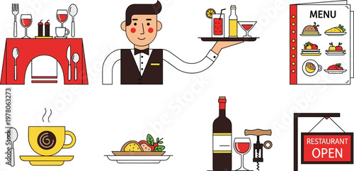 Restaurant and Dining Vector Set Featuring Waiters, Menus, Plates, Wine, and Open Restaurant Signs for Food, Hospitality, and Service Industry Designs