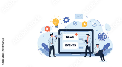 Digital media and news broadcasting concept features people interacting with global information on a large screen.
