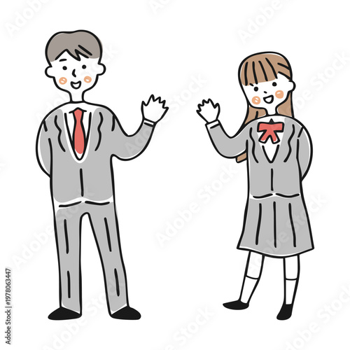 手を挙げて挨拶する制服姿の男女