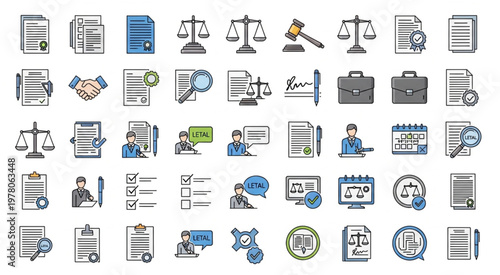 Legal documents and law-related icons representing justice and legal proceedings.
