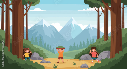 Group of children enjoys playing hide and seek in a lush forest with beautiful mountain peaks in the background.