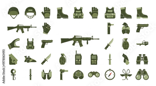 Military Equipment Collection - A Comprehensive Array of Tactical Gear and Weapons.