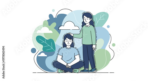 A compassionate cartoon character comforts another with a hand on their head, in a vector art style, promoting mental health and world harmony against an abstract backdrop of blues