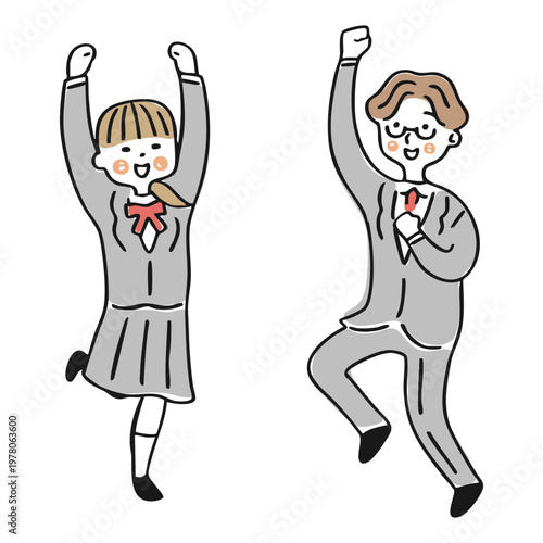 ジャンプをして喜ぶ制服姿の男女