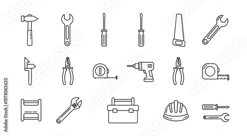 Collection of various tools used for construction and repair work, all in a line art style.