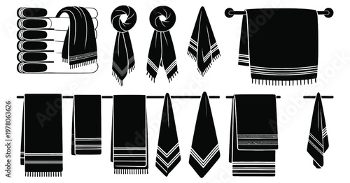 Towel icons set, scarf silhouette, folded fabric, draped textile, hanging towel, decorative border, household items, fashion styling, and interior design vector illustration