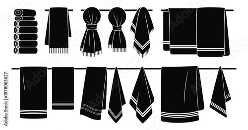 Towel icons set, scarf silhouette, folded fabric, draped textile, hanging towel, decorative border, household items, fashion styling, and interior design vector illustration
