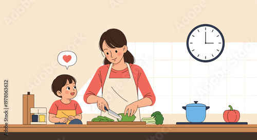 Caring mother and her young son prepare a healthy meal together in a bright kitchen with fresh vegetables.