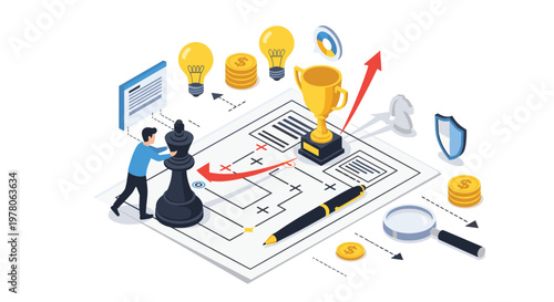 Strategic business planning concept features a man moving a chess piece toward a trophy on a complex map.