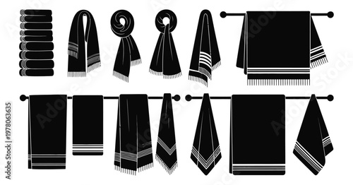 Towel icons set, stylized scarf shapes, folded and hanging fabric elements, and draped textile silhouettes, modern vector illustration pack representing household items, bathroom accessories