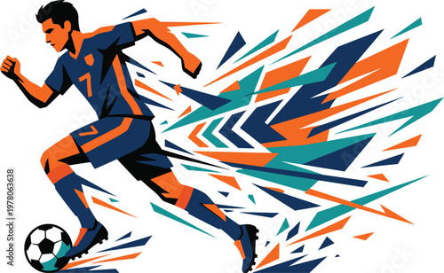 A soccer player in motion kicking a ball with colorful abstract background